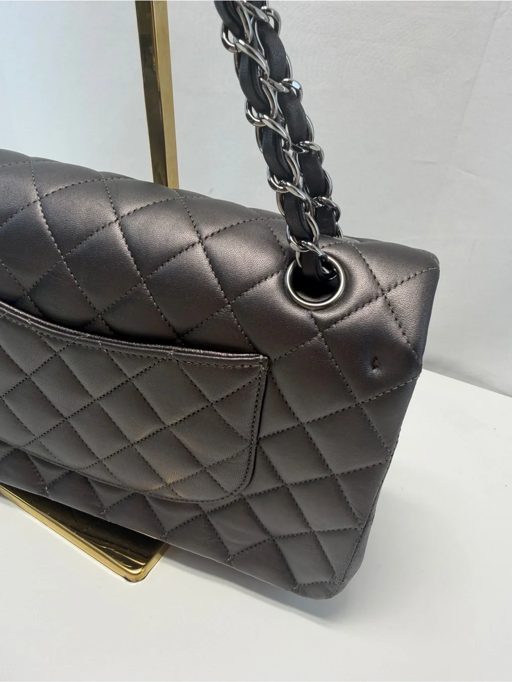 CHANEL Quilted Double Flap Shoulder Bag in Gray